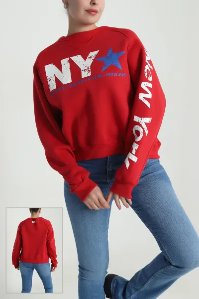 Kırmızı Şardonlu Üç İp Kadın Fermuarsız Sweat 493838