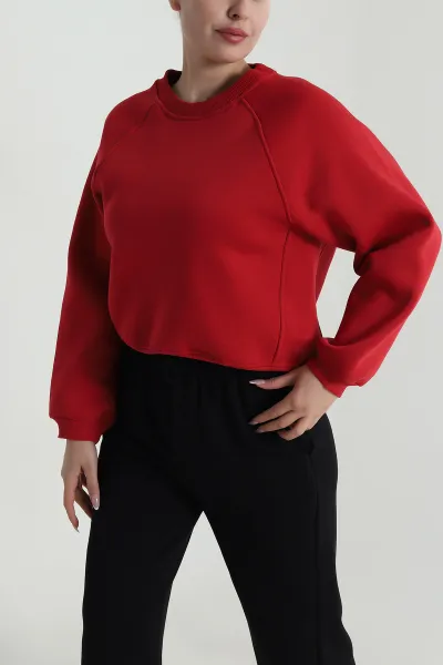 Kırmızı Şardonlu Üç İp Kadın Sweat 487107