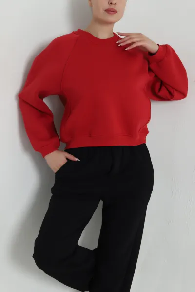 Kırmızı Şardonlu Üç İp Kadın Sweat 487107