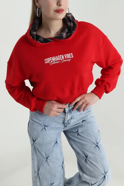 Kırmızı Şardonsuz Üç İp Kadın Fermuarsız Sweat 496403