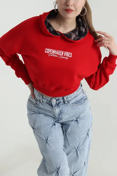 Kırmızı Şardonsuz Üç İp Kadın Fermuarsız Sweat 496403