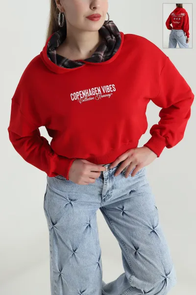 Kırmızı Şardonsuz Üç İp Kadın Fermuarsız Sweat 496403