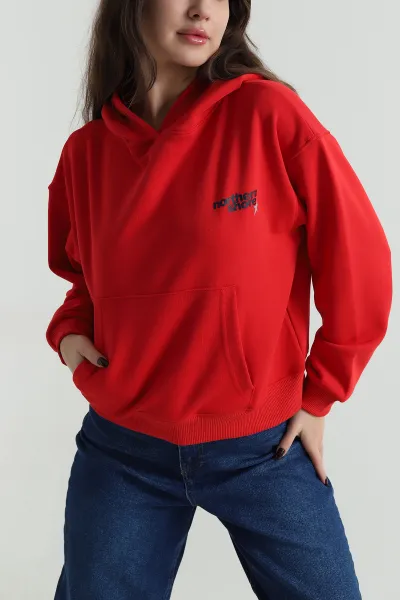 Kırmızı Şardonsuz Üç İp Kadın Fermuarsız Sweat 498035