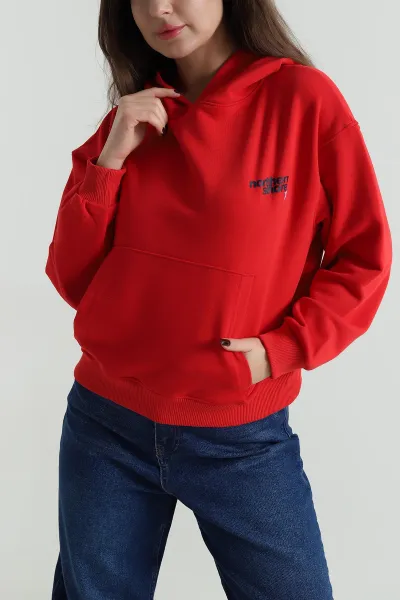 Kırmızı Şardonsuz Üç İp Kadın Fermuarsız Sweat 498035