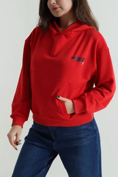 Kırmızı Şardonsuz Üç İp Kadın Fermuarsız Sweat 498035