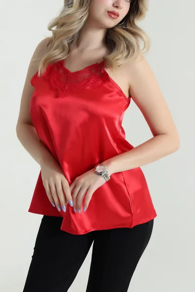 Kırmızı Saten Dantelli Kadın Atlet 473712
