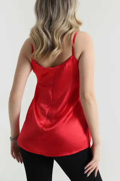 Kırmızı Saten Dantelli Kadın Atlet 473712