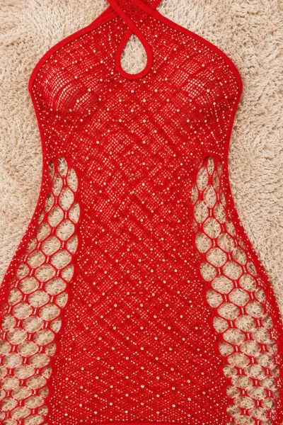 Kırmızı Seksi Taş Tasarımlı Kadın Vücut Çorabı 478967