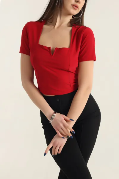 Kırmızı Sendy Kumaş Crop Bluz 337562
