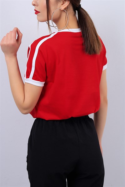 Kırmızı Şeritli Bayan Kısa Tişört 12914B