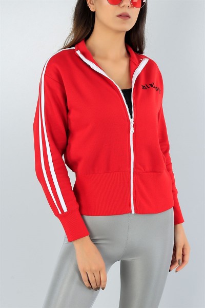 Fermuarlı Kırmızı Şeritli Şardonlu Bayan Sweat 43333