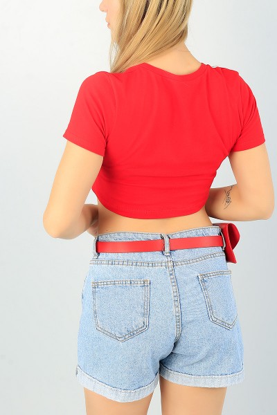 Kırmızı Sıkmalı V Yaka Bayan Crop 65271