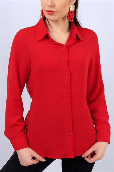 Kırmızı Sırt Dantel Pileli Bayan Gömlek 11970B