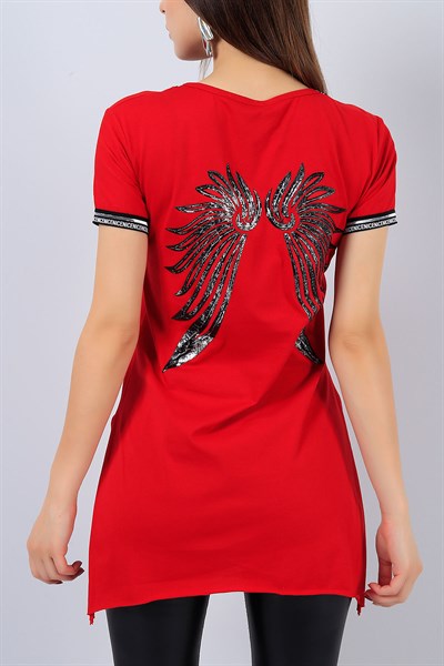Kırmızı Sırt Detaylı Bayan Yırtmaçlı Tişört 14991B