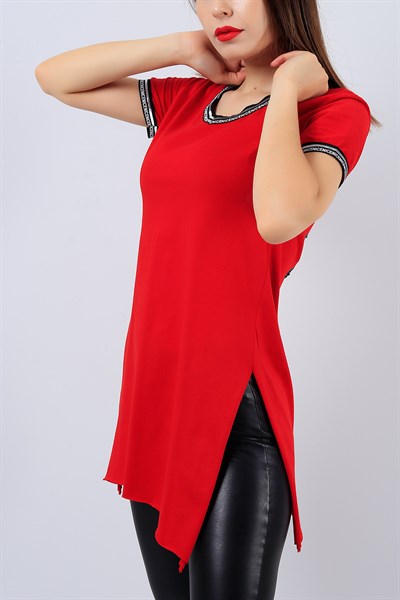 Kırmızı Sırt Detaylı Bayan Yırtmaçlı Tişört 14991B