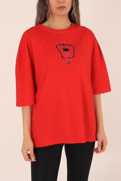 Kırmızı Sırtı Baskılı Oversize Tişört 172822