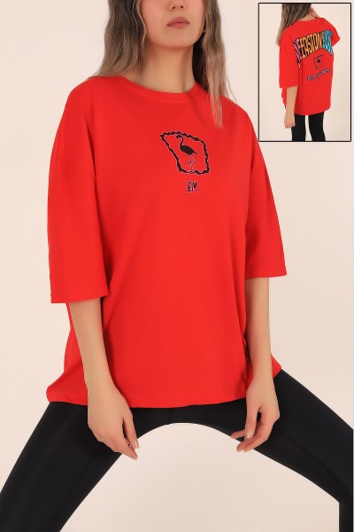 Kırmızı Sırtı Baskılı Oversize Tişört 172822