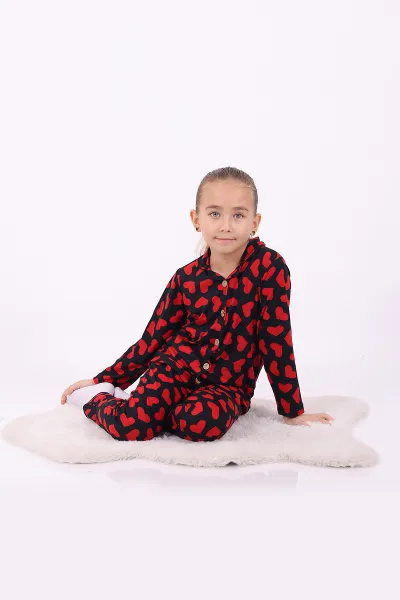 Kırmızı Siyah (4-12 Yaş)Kalp Desenli Düğmeli Kız Çocuk Pijama Takımı 329811