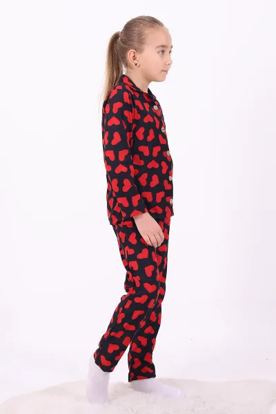 Kırmızı Siyah (4-12 Yaş)Kalp Desenli Düğmeli Kız Çocuk Pijama Takımı 329811
