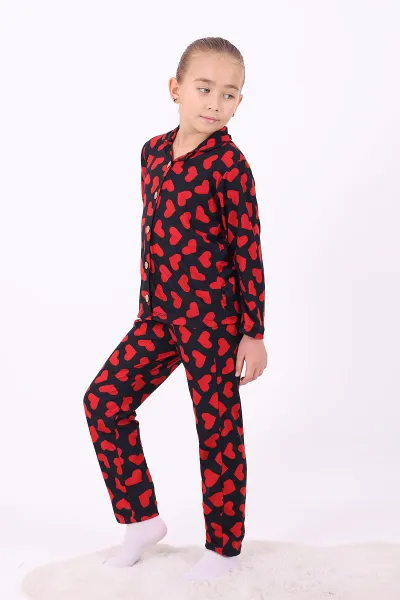 Kırmızı Siyah (4-12 Yaş)Kalp Desenli Düğmeli Kız Çocuk Pijama Takımı 329811