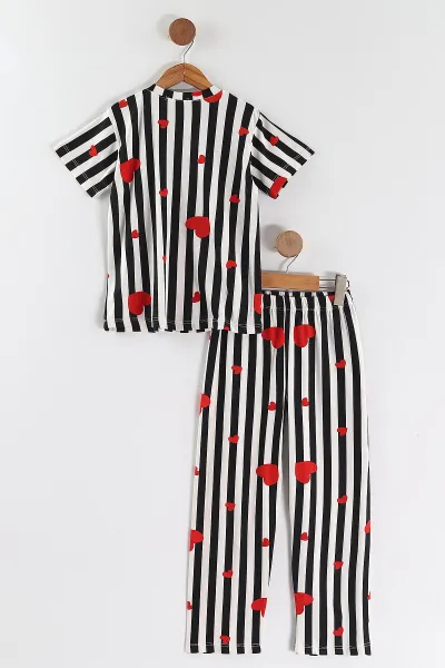Kırmızı Siyah  (4-16 Yaş)Çizgili Kalp Desenli Kız Çocuk Pijama Takım 466325