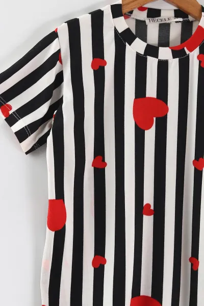 Kırmızı Siyah  (4-16 Yaş)Çizgili Kalp Desenli Kız Çocuk Pijama Takım 466325