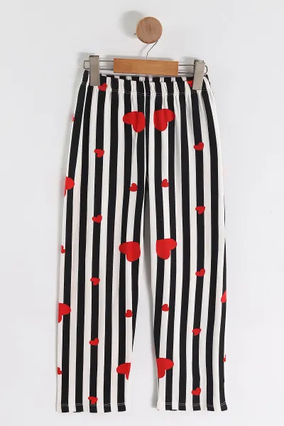 Kırmızı Siyah  (4-16 Yaş)Çizgili Kalp Desenli Kız Çocuk Pijama Takım 466325