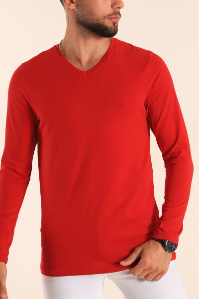 Kırmızı Slim Fit Basic V Yaka Likralı Uzun Kollu Erkek Tişört 199056