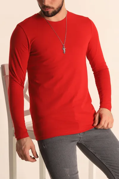Kırmızı Slim Fit Likralı Basic Erkek Sweatshirt 234976