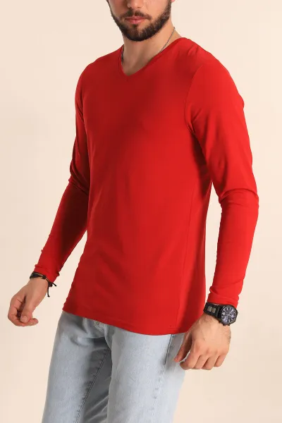 Kırmızı Slim Fit V Yaka Likralı Basic Erkek Sweatshirt 234988