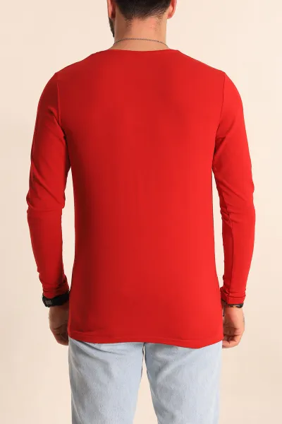 Kırmızı Slim Fit V Yaka Likralı Basic Erkek Sweatshirt 234988