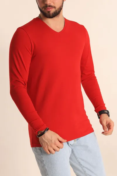 kirmizi-slim-fit-v-yaka-likrali-basic-erkek-sweatshirt-234988