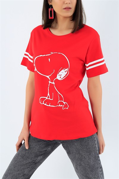 Kırmızı Snoopy Baskılı Bayan Tişört 32872