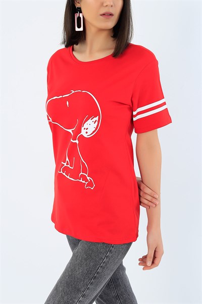 Kırmızı Snoopy Baskılı Bayan Tişört 32872