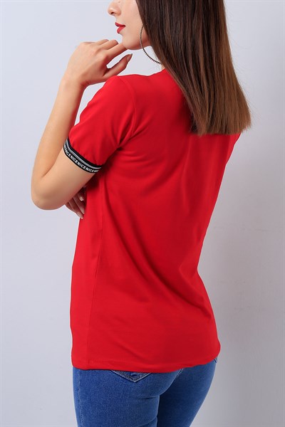 Kırmızı Taş Baskılı Bayan Tişört 15851B
