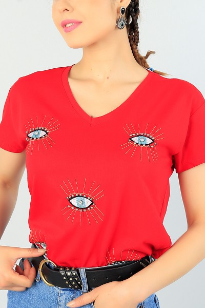 Kırmızı Taş İşleme Nakış Detay Bayan Tişört 68104