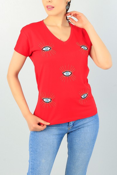 Kırmızı Taş İşleme Nakış Detay Bayan Tişört 68104