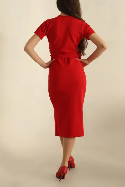 Kırmızı Taş Kemerli Krep Elbise 264689
