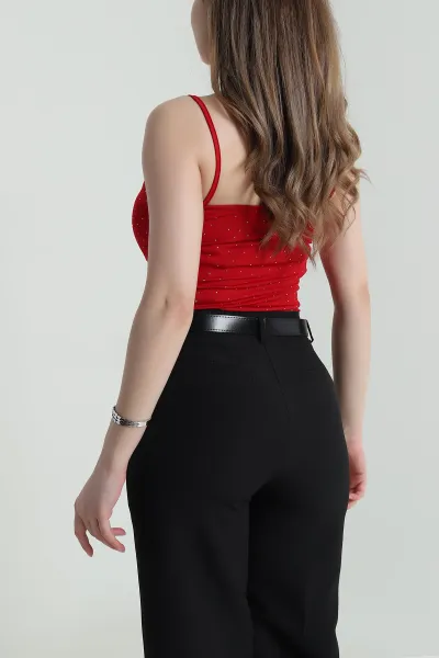Kırmızı Taşlı Likralı Sandy Kadın Zıbın Bluz 458234