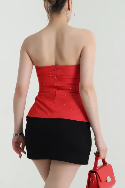 Kırmızı Taşlı Straplez Kadın Denim Büstiyer 473162