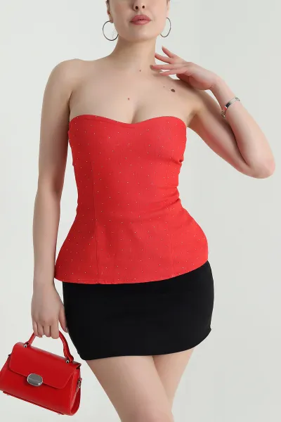 Kırmızı Taşlı Straplez Kadın Denim Büstiyer 473162
