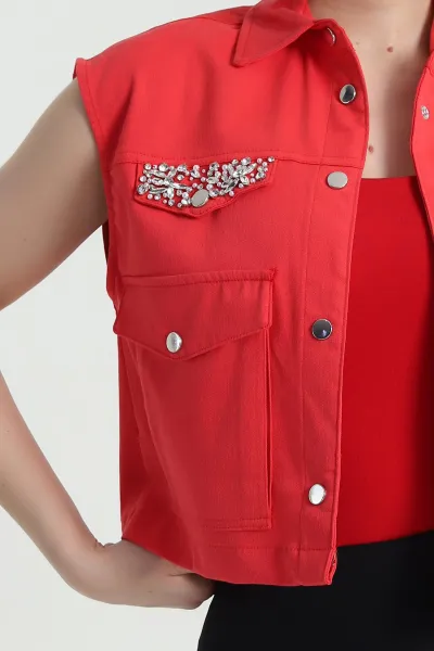 Kırmızı Taşlı Tasarım Gabardin Kadın Yelek 473695