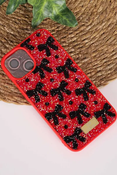 Kırmızı TeknoCase İPhone 13 Uyumlu Perfect Diamond Case Serisi Taşlı Lens Hediyeli Sert Silikon Telefon Kılıfı 480774