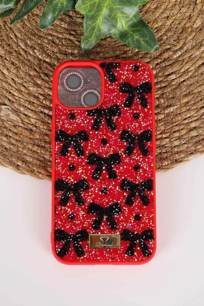 Kırmızı TeknoCase İPhone 13 Uyumlu Perfect Diamond Case Serisi Taşlı Lens Hediyeli Sert Silikon Telefon Kılıfı 480774
