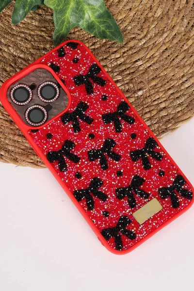 Kırmızı TeknoCase İPhone 14 Pro Max Uyumlu Perfect Diamond Case Serisi Taşlı Lens Hediyeli Sert Silikon Telefon Kılıfı 480800