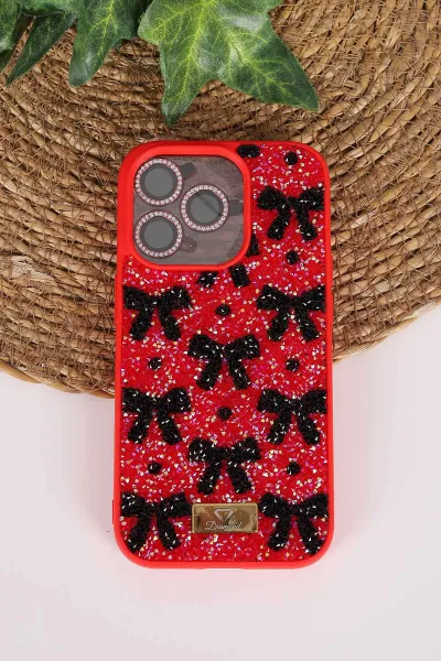Kırmızı TeknoCase İPhone 14 Pro Uyumlu Perfect Diamond Case Serisi Taşlı Lens Hediyeli Sert Silikon Telefon Kılıfı 480794