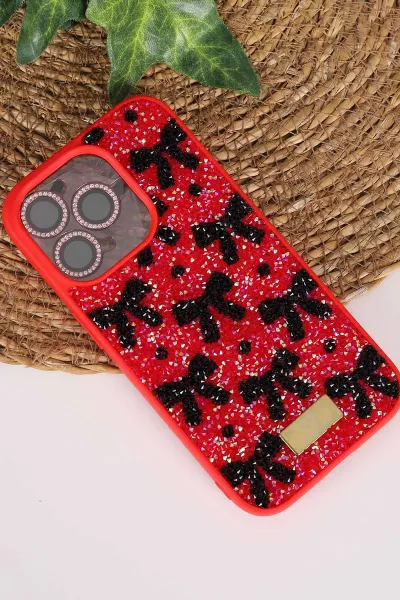 Kırmızı TeknoCase İPhone 14 Pro Uyumlu Perfect Diamond Case Serisi Taşlı Lens Hediyeli Sert Silikon Telefon Kılıfı 480794