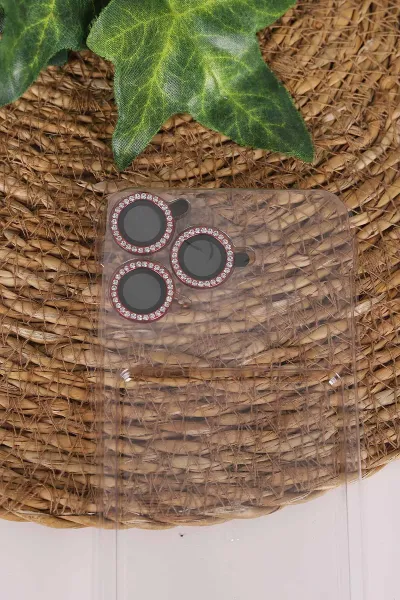 Kırmızı TeknoCase İPhone 14 Pro Uyumlu Perfect Diamond Case Serisi Taşlı Lens Hediyeli Sert Silikon Telefon Kılıfı 480794