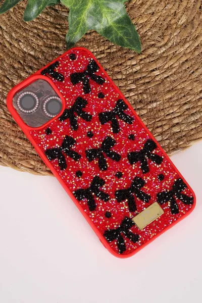 Kırmızı TeknoCase İPhone 14 Uyumlu Perfect Diamond Case Serisi Taşlı Lens Hediyeli Sert Silikon Telefon Kılıfı 480780
