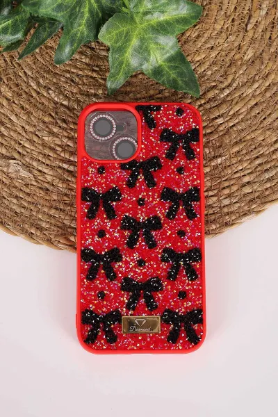Kırmızı TeknoCase İPhone 14 Uyumlu Perfect Diamond Case Serisi Taşlı Lens Hediyeli Sert Silikon Telefon Kılıfı 480780